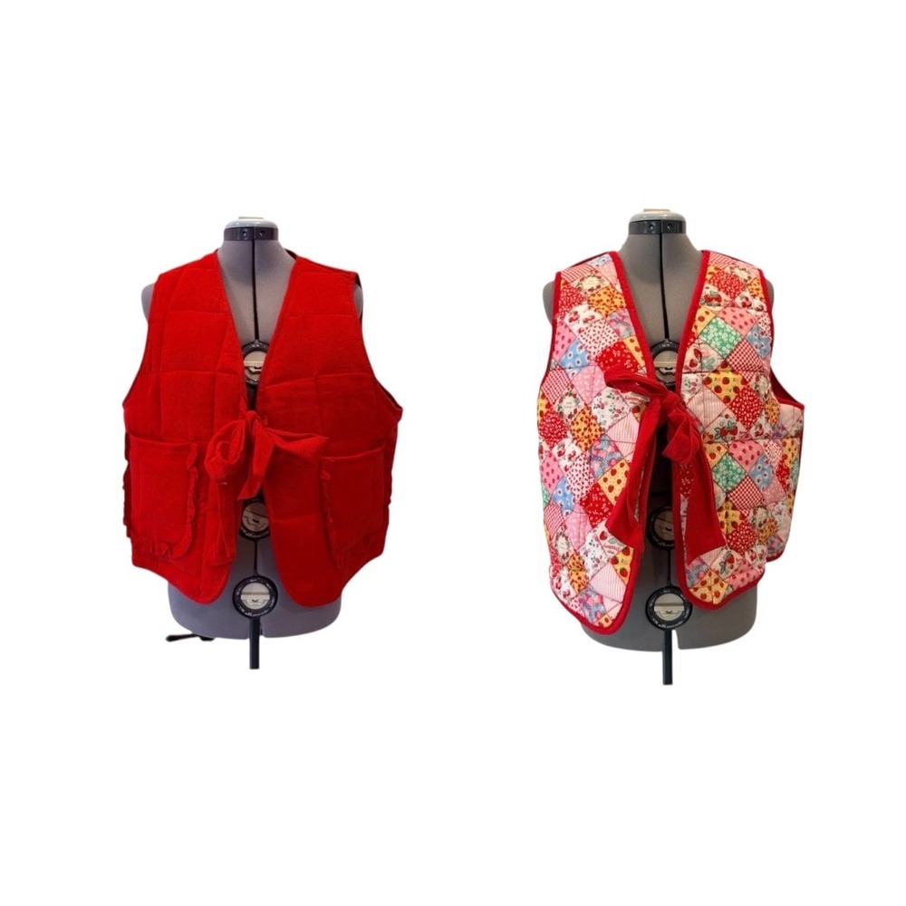 Cider Red Quilted Vest Strawberry Patchwork Tie Front Ruffle 0XL Cottagecore New